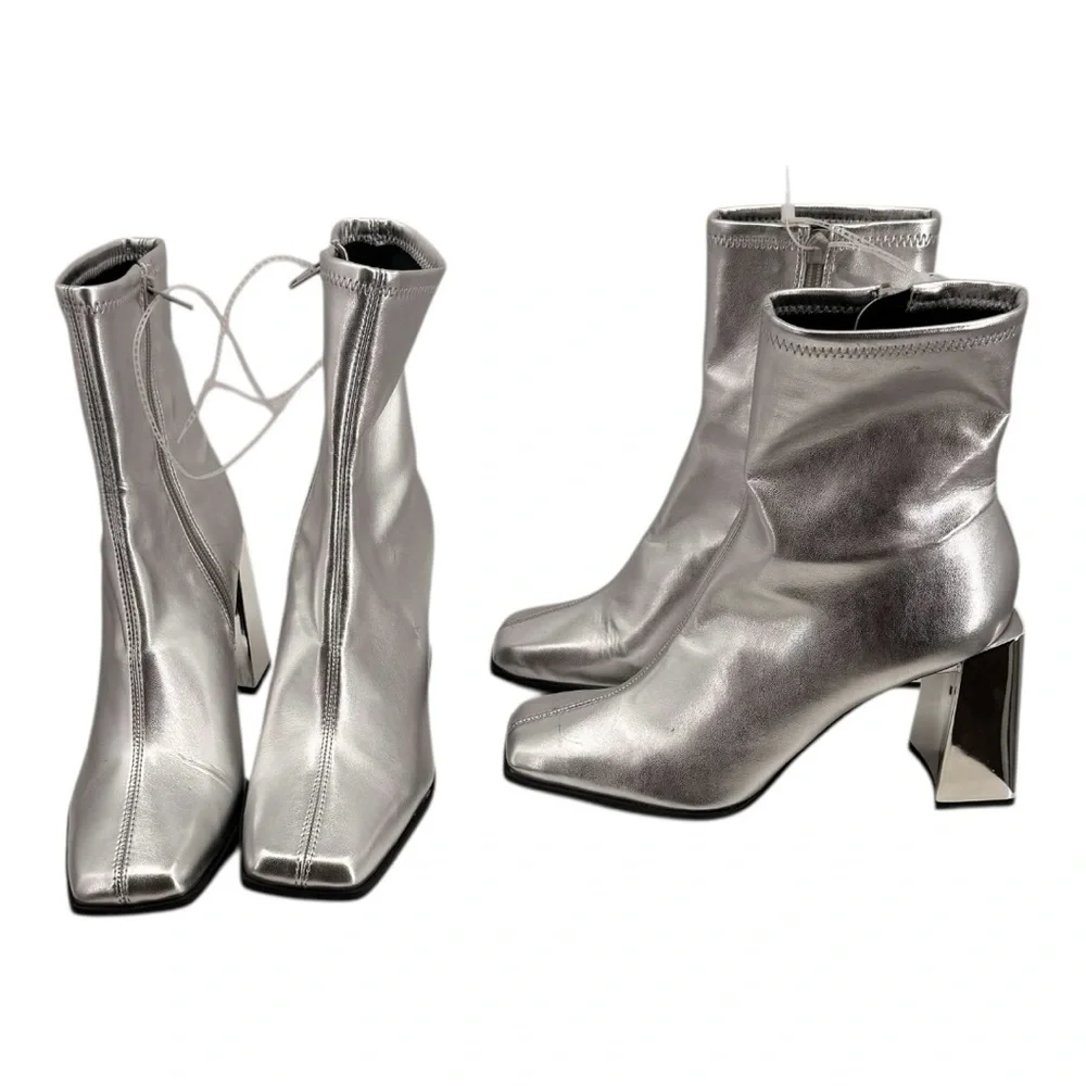 Gianni Bini Silver Metallic Block Heel Ankle Boots - Picture 13 of 15
